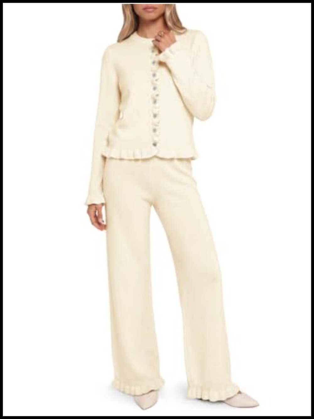 Women's Ruffle Knit Cardigan & Wide Leg Pant Lounge Set 2 Piece Outfit